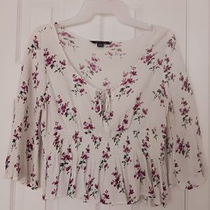American Eagle Womens Fuchsia Floral White 3/4 Sleeve Blouse Top Size Medium
